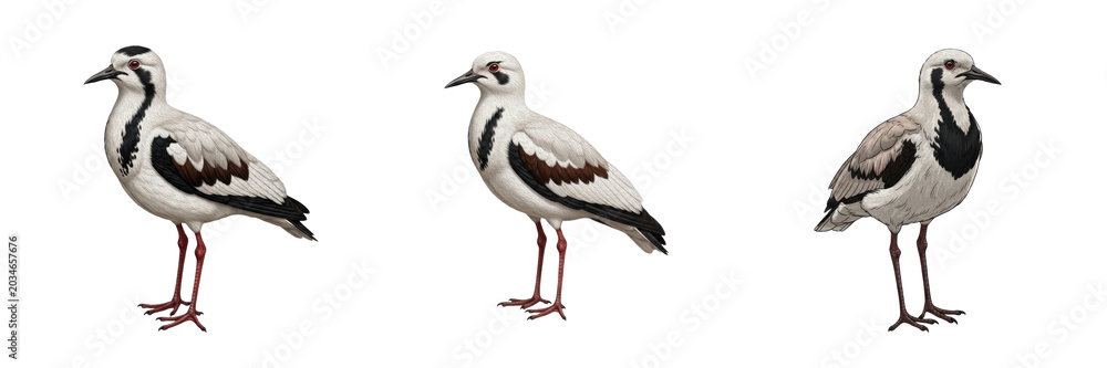 Obraz premium White lapwing, Vanellus vanellus, pale tones, leucistic northern lapwing, Charadriidae family, shorebird with crest, grassland plover, winter plumage color morph, custom cutout macro focus