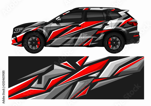 Red and grey shattered geometric car wrap design.