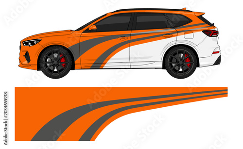 White SUV with orange and gray curved wrap design.