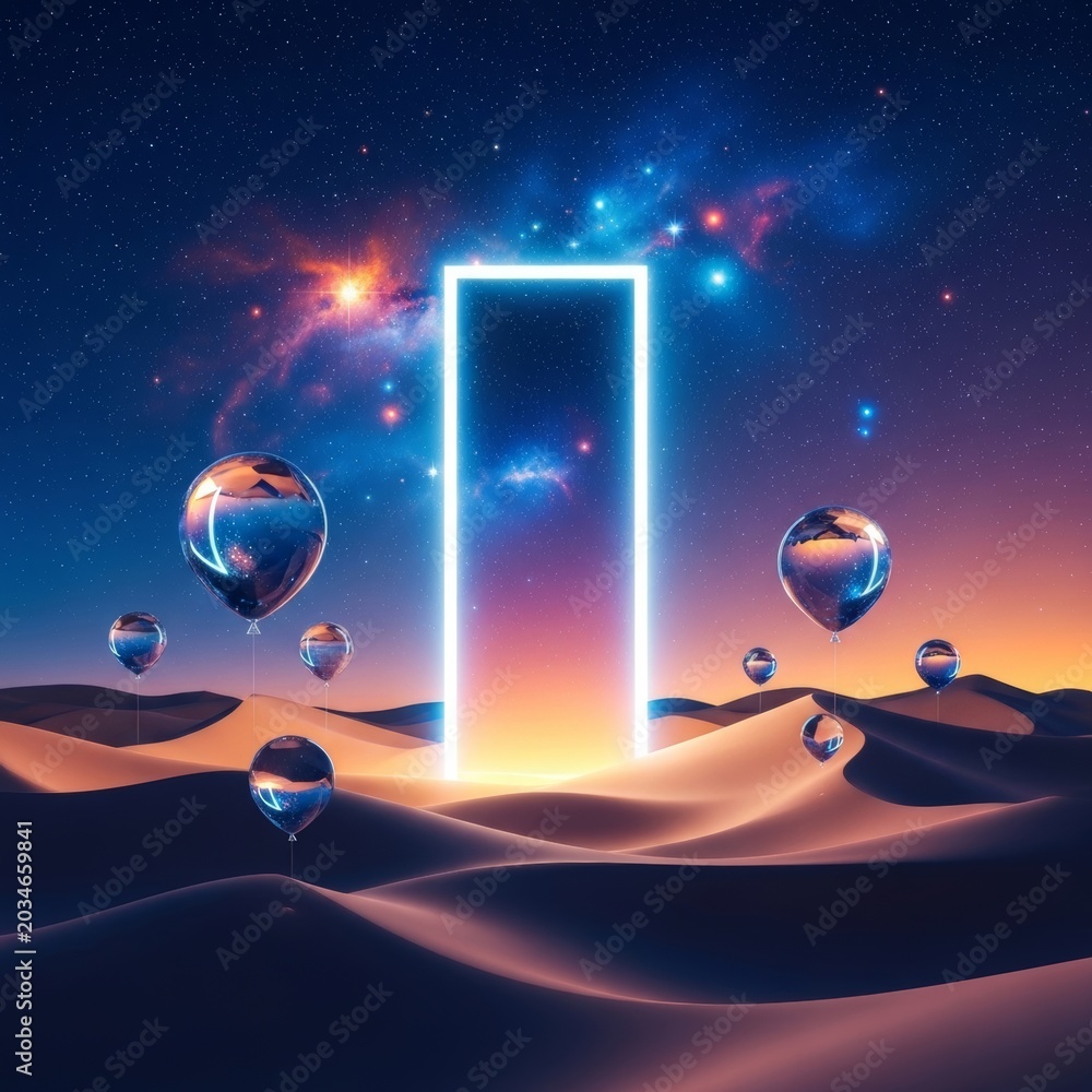 Naklejka premium Surreal desert landscape featuring a glowing rectangular portal framing a starry sky while translucent crystal balloons float above dunes, imaginative, ethereal, light