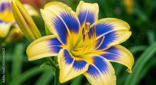 Vibrant Yellow and Blue Daylily Blossom in Full Bloom.