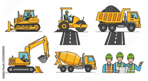 Construction vehicles and workers set, road building, civil engineering, heavy machinery