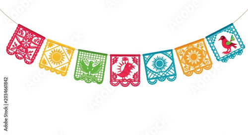 Colorful Papel Picado Banner with Mexican Folk Art Motifs