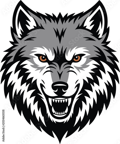 Tableau sur toile Aggressive snarling wolf head mascot, angry wild predator animal with bared shar