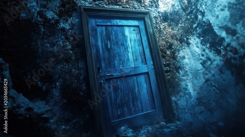 Wooden door in dark cave, mystery, hidden entrance, unseen path