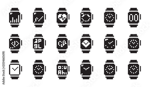 Obraz na płótnie Wearable smart device pixel art icons set showcasing different digital watch face designs