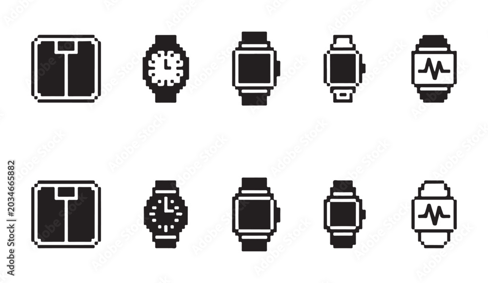 Fototapeta premium Pixel art health and time icons. weighing scale, smartwatch, and traditional clock symbols.