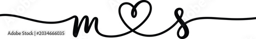 Continuous line drawing of monogram letters M and S connected with heart, romantic wedding couple initials graphic illustration