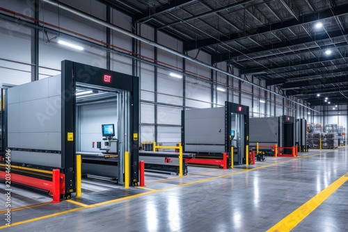 Ultra-modern warehouse loading area featuring climate-controlled docking stations automated loading mechanisms high-efficiency LED providing optimal visibility for nighttime operations captured