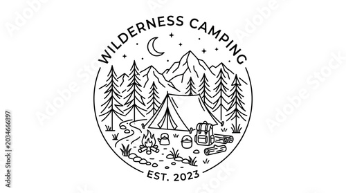 Bilde på lerret Wilderness Camping Emblem: Tent, Mountains, Forest, Fire, and Moon
