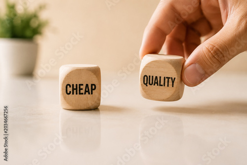 AI generated minimal concept wooden blocks showing quality cheap choice representing value decision making consumer behavior product strategy
