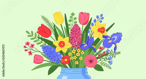 Bild auf Leinwand Vibrant Spring Bouquet in a Blue Jar, Assorted Fresh Flowers, Pastel Green Backg