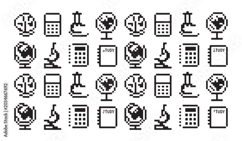 Konstfotografi Set of pixel art educational icons featuring globes calculators microscopes and notebooks