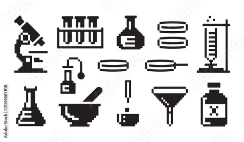 Bild auf Leinwand Chemistry lab equipment pixel art collection with microscope flasks funnel and test tubes