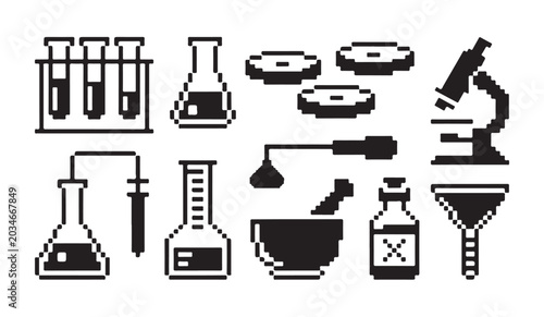 Bild auf Leinwand Science pixel art icons set including laboratory equipment for experiments and research