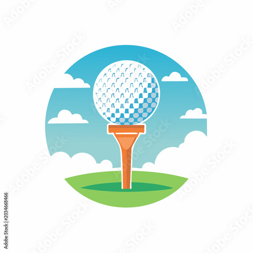 Golf ball on tee with clouds and sky