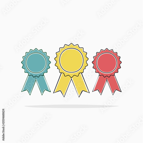 Three Award Ribbons in Blue, Yellow, and Red