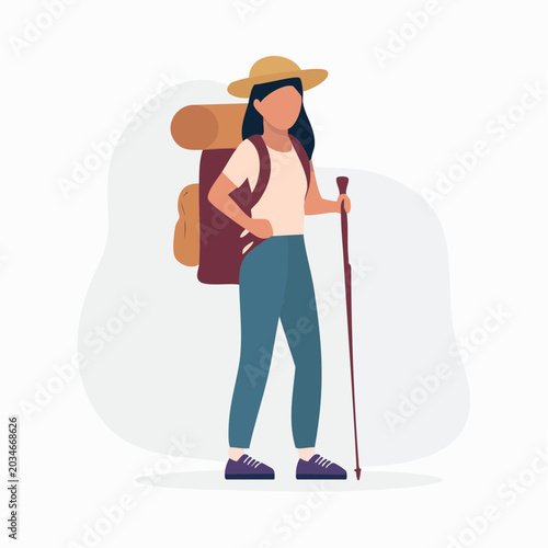 Woman hiker with backpack and trekking pole