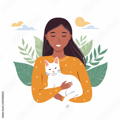 Woman Holding White Cat with Green Leaves and Sky Background