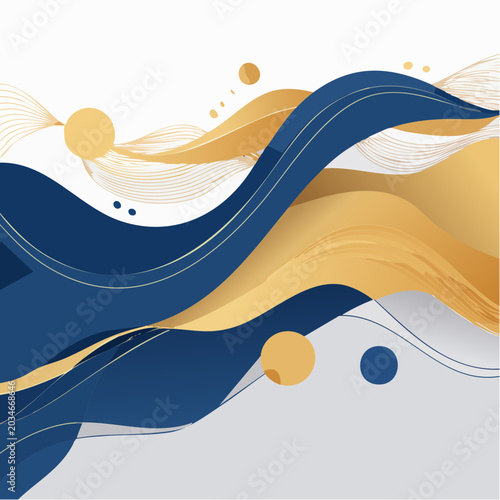 Abstract Blue and Gold Wavy Background with Lines and Circles