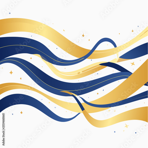 Abstract Blue and Gold Wavy Ribbons with Stars