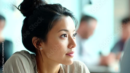 Thoughtful woman engaged in conversation at caf?