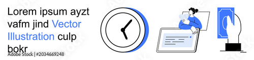 Business planning, productivity, technology integration, digital connectivity, time tracking, online communication. Clock, person working on laptop hand interacting digitally. Time tracking