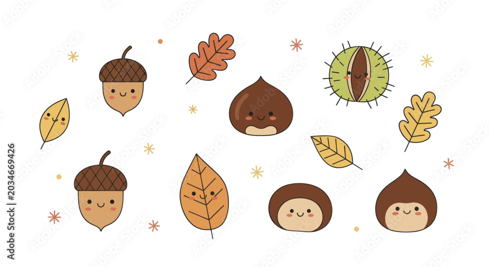 Fototapeta premium Cute Autumn Fall Season Elements Collection With Acorns And Leaves.