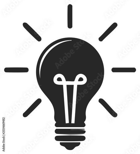 Black and white illustration of a light bulb with radiating lines symbolizing an idea