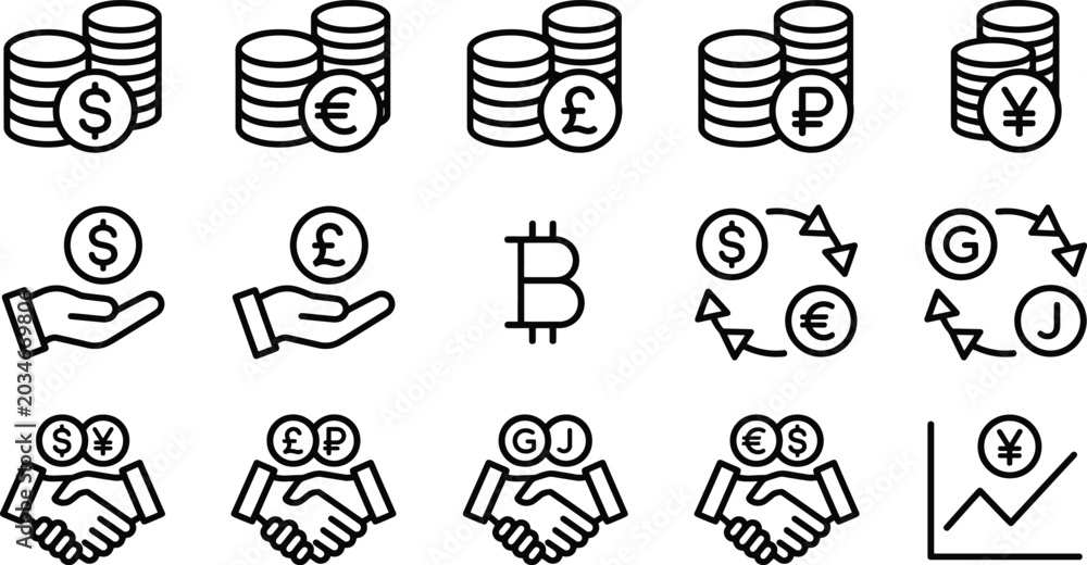 Fototapeta premium Set of black and white line featuring stacks of coins currency symbols hands holding money bitcoin exchange arrows shaking hands and a financial growth chart on a white background
