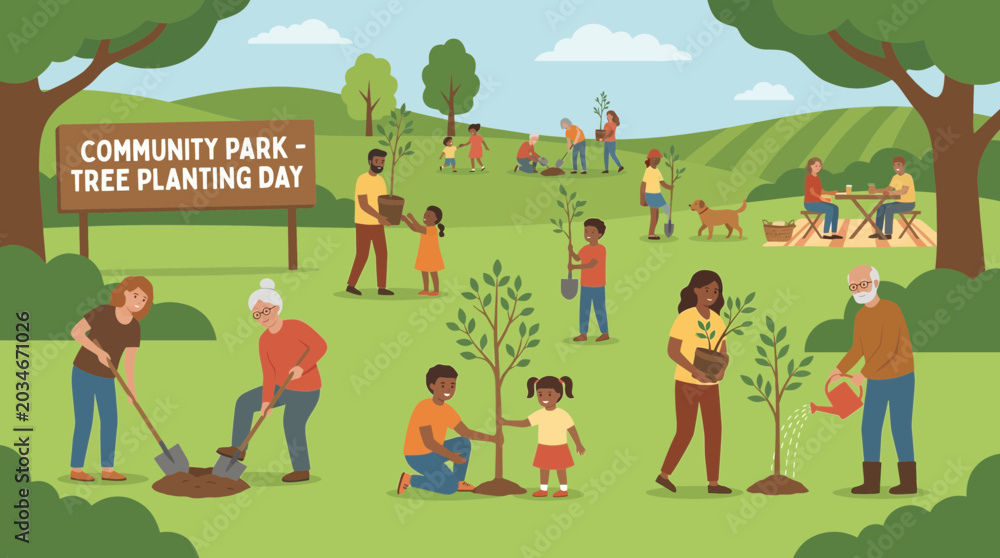 Naklejka premium People Planting Trees in Community Park