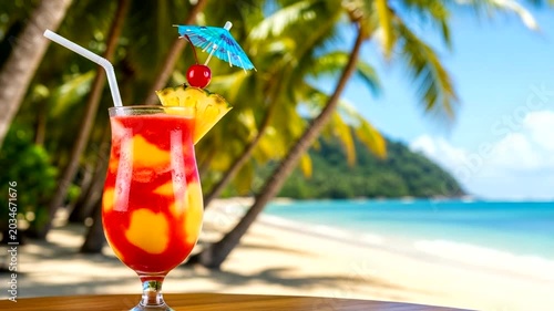 Tropical cocktail with fruit and umbrella by the beach