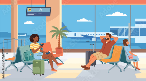 Tableau sur toile Diverse passengers relax in a modern airport lounge, contemplating their upcomin