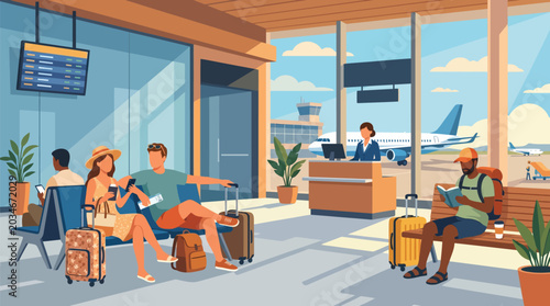 Konstfotografi Modern airport waiting lounge with diverse passengers anticipating their excitin
