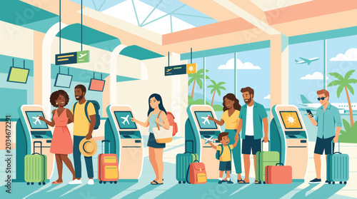 Foto Diverse travelers utilizing automated self-service check-in kiosks at a modern a