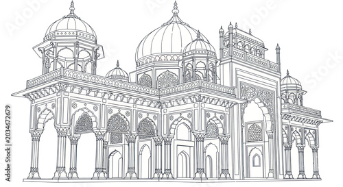 Bild auf Leinwand Intricate Mughal Architecture Sketch: Domes, Arches, and Facade Detail