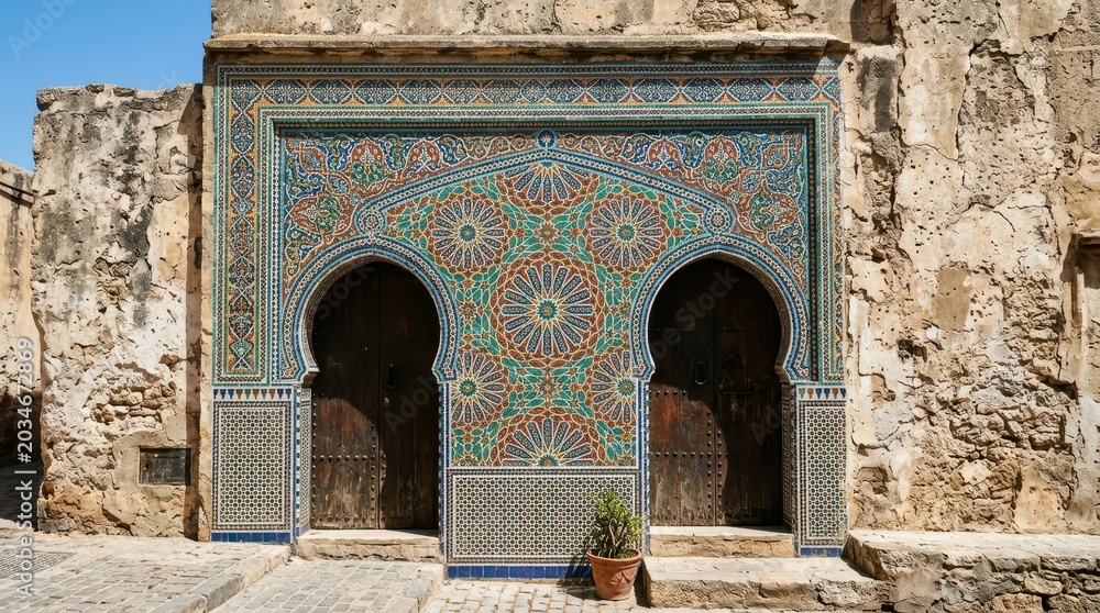 Naklejka premium Ornate Moroccan Mosaic Doorway with Intricate Geometric Patterns