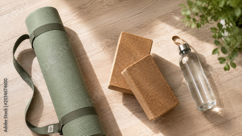 Mental health. Top-down flat lay of a neatly rolled yoga mat, two cork yoga blocks, and a glass water bottle on a light wooden floor.