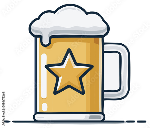 Cartoon mug of beer with foamy head and star emblem