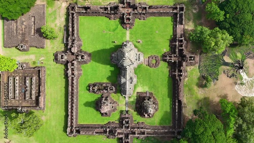 Drone footage aerial view of Phimai Historical Park. the ancient stone temple structures from the Khmer empire. Nakhon Ratchasima, Thailand