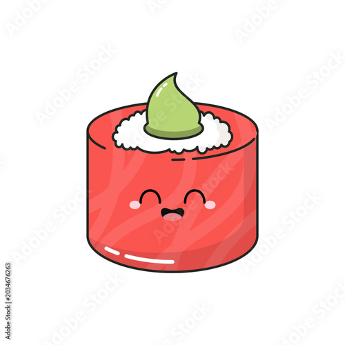 Kawaii Tuna Maki Sushi Character with Happy Laughing Face Expression Vector Illustration