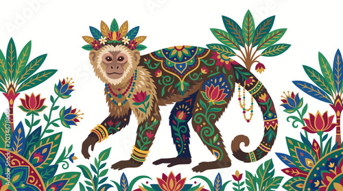 Konstfotografi A cute and funny cartoon vector illustration of a happy holiday lion with a Chri