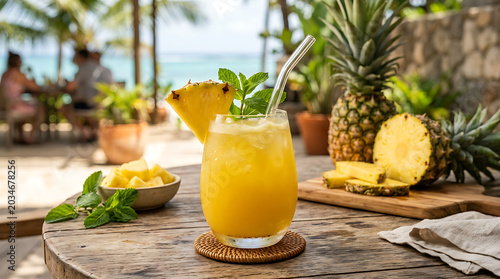 Glass of pineapple juice with fresh fruit and mint on transparent background