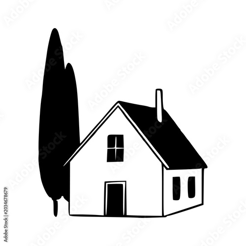 Foto minimalist house illustration with cypress tree silhouette