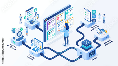 Isometric healthcare human resources management system infographic with digital dashboard for medical credentialing training and staff credential management
