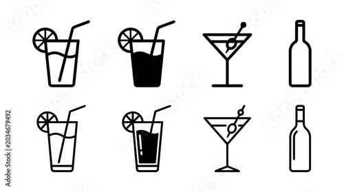 Quadro em tela Collection of diverse beverage icons featuring cocktails, soft drinks, and bottl