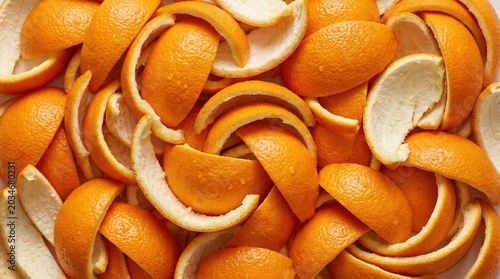 Pile of freshly peeled bright orange citrus fruit rinds with visible water droplets and textured surfaces