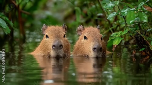 Two capybaras swimming in a lush green habitat