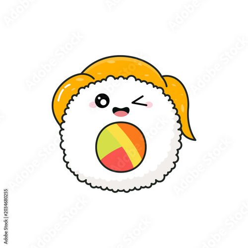Cute Playful Winking Face Expression Tamago Maki Egg Sushi Character Vector Illustration