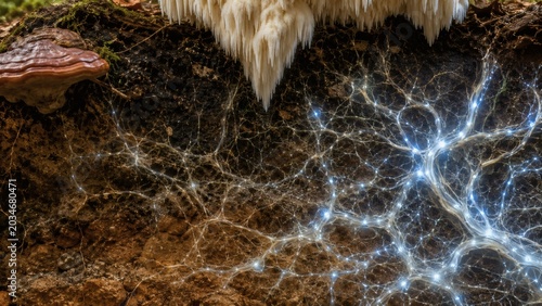 Glowing Bioluminescent Mycelium Network In Forest Soil Cross Section With Lion’s Mane And Reishi Mushrooms, Fungal Communication Web For Longevity And Nature Science Concept
